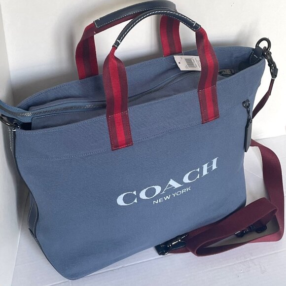 Coach Tote Bag 38 Shoulder Bag Blue Canvas Leather CJ486 Medium Zip Crossbody - Picture 3 of 12